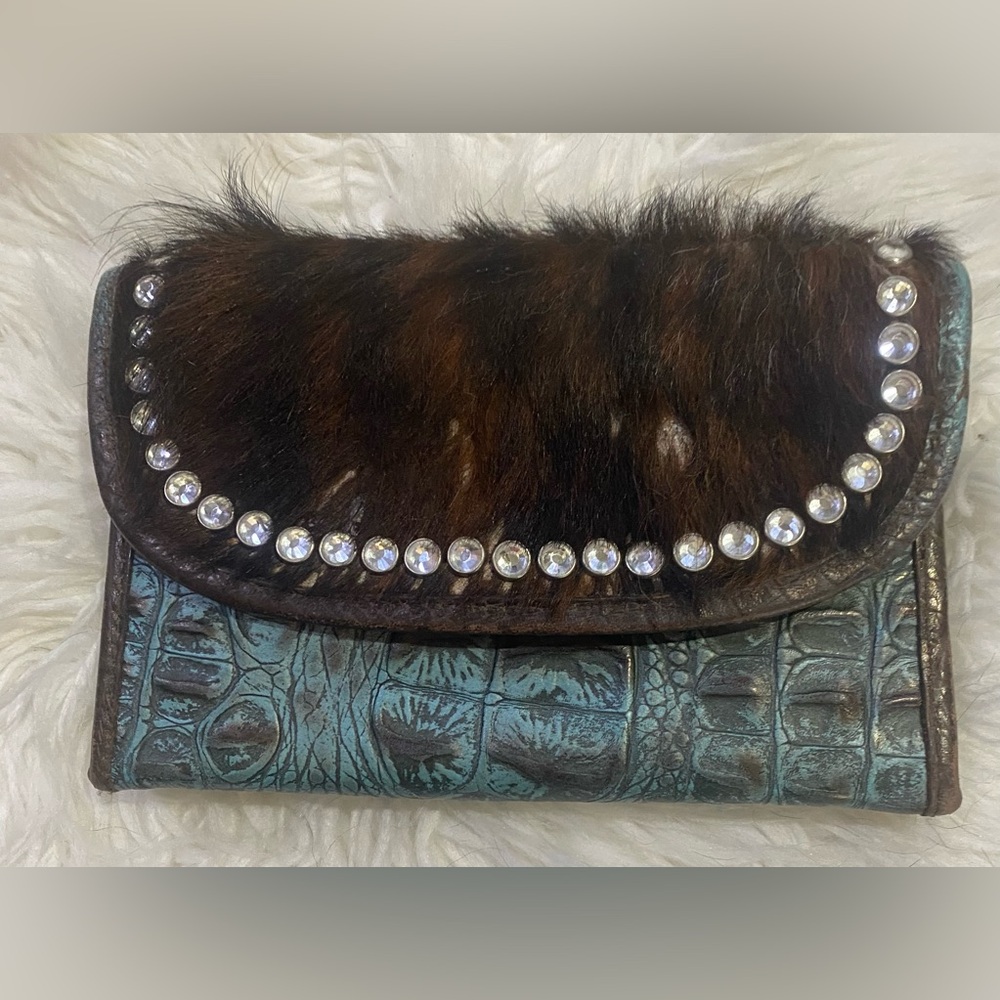 Kurtman Genuine Leather Turquoise Croc Embossed & Cowhide Wallet 8” x 6”